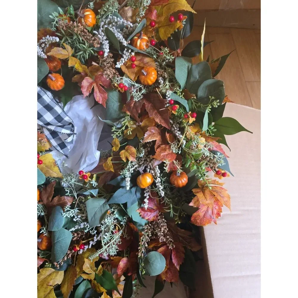 Handmade Autumn Fall Farmhouse Pumpkin Wreath Leaves Buffalo Plaid 26